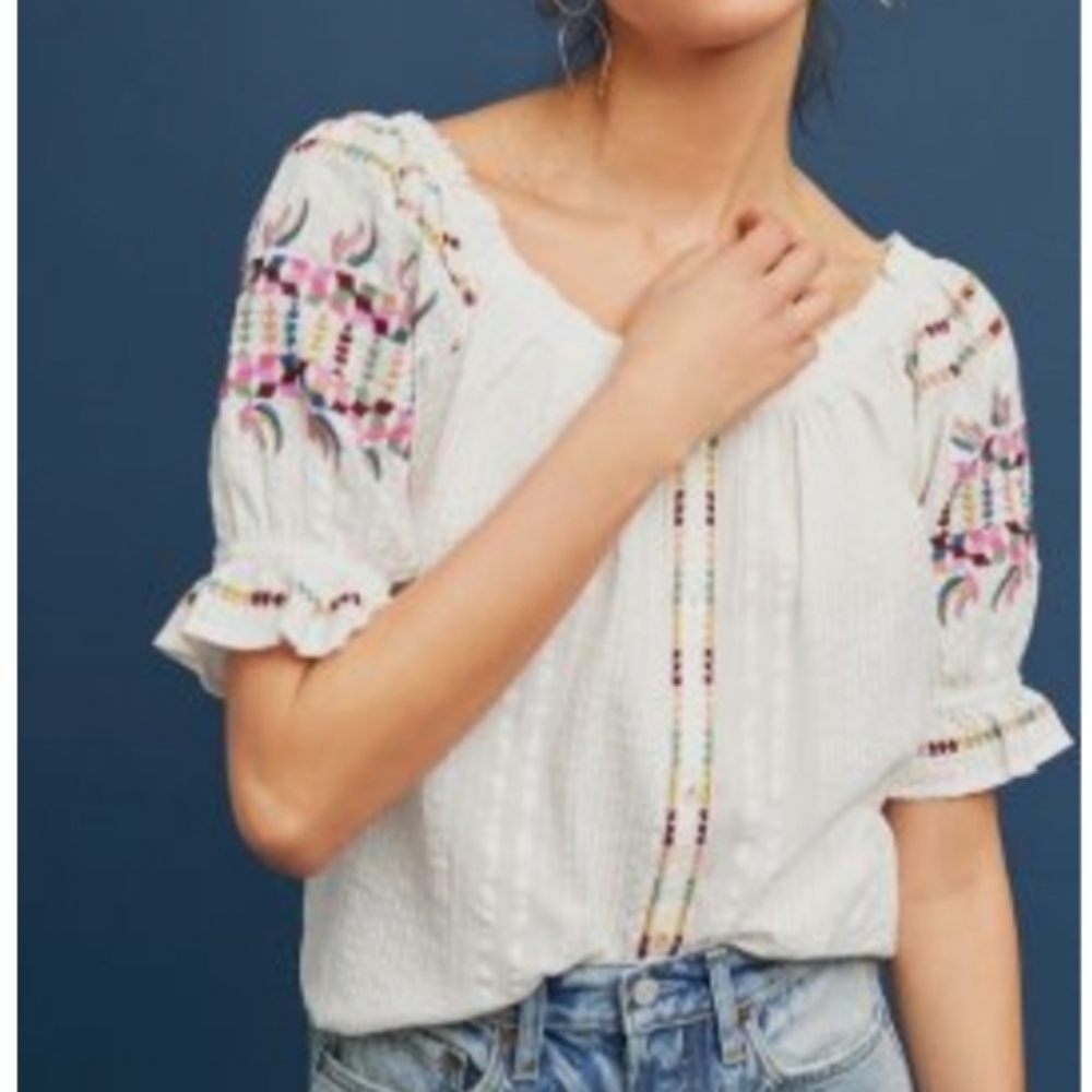 ANTHROPOLOGIE AKEMI KIN Pajaro Floral Embroidered Blouse Top White Size 0 small